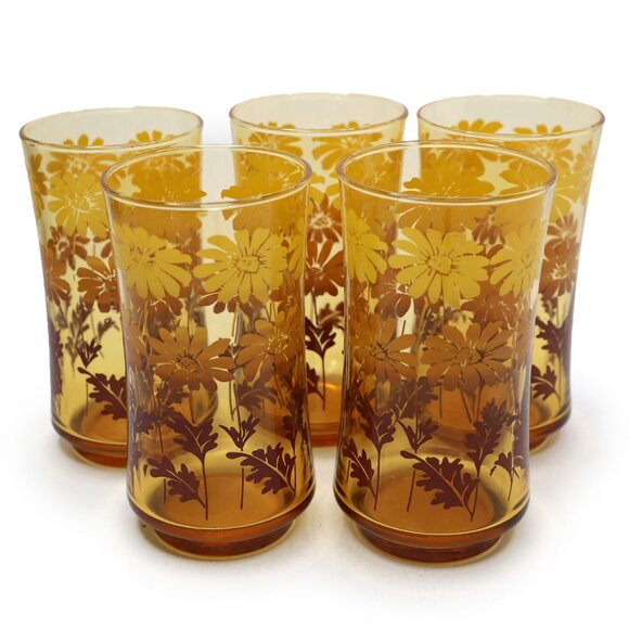 Vintage Libbey Amber Glass Daisy Drinking Glasses Cups 70s Yellow Brown x 5 - Picture 10 of 11